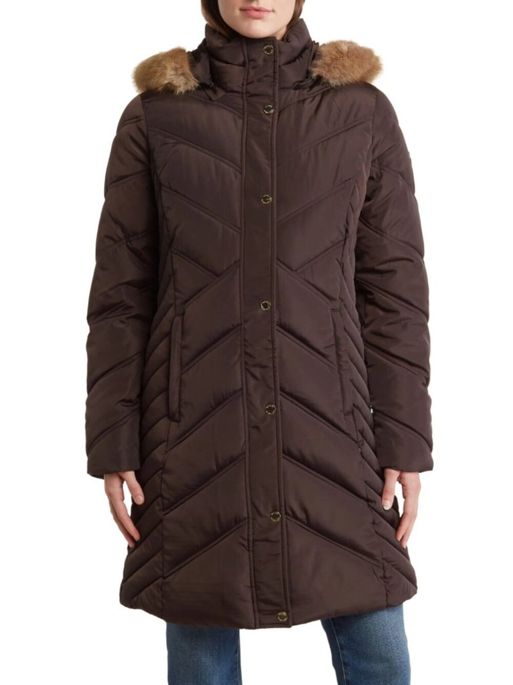 Michael Kors Women's Faux Fur Trim Hood Quilted Puffer Jacket Coat Brown Size XS